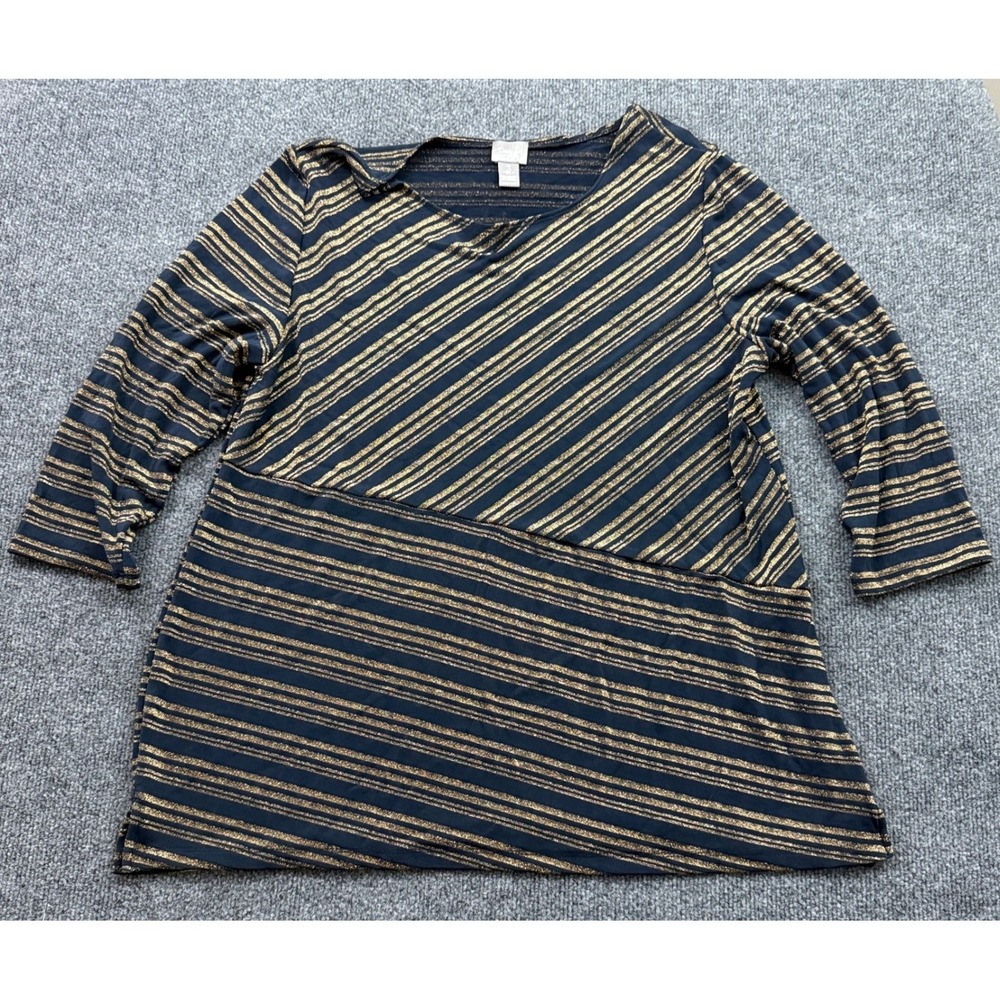 Travelers by Chico's Striped Blouse Womens 3 (XL)Navy Gold Metallic 3/4 Sleeve